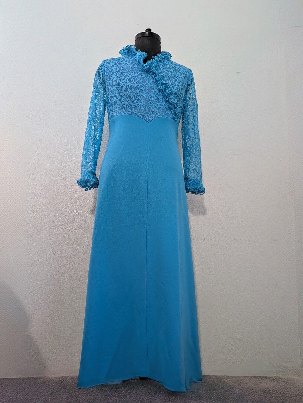 Vintage 70s Empire Waist Maxi Dress  Blue Lace Long Sleeves V Neck No Size Tag